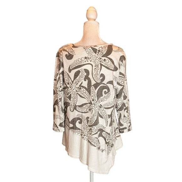 SUN MODA Gray & Cream Starfish Print Asymmetrical 3/4 Sleeve Tunic Top Size S - Picture 5 of 8